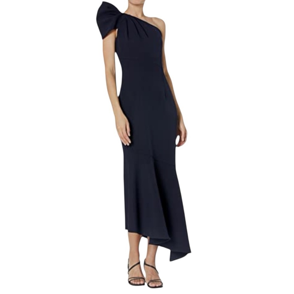 Shoshanna Midnight Navy One-Shoulder Asymmetric Trumpet Evening Gown Women Sz 8